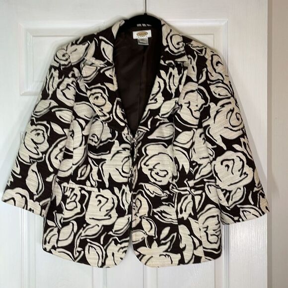 Talbots Woman Floral Jacquard Blazer 12W Brown Cream Cotton Linen Jacket - Picture 2 of 10